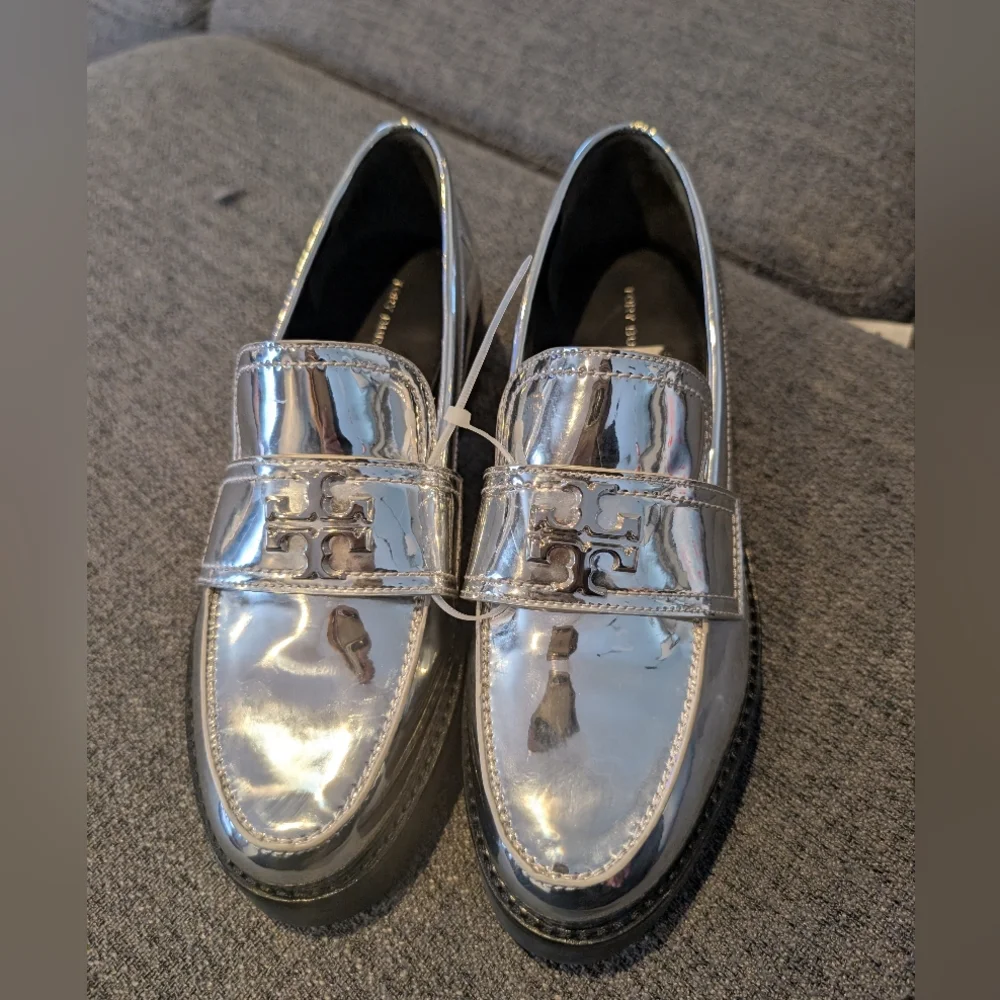 Tory Burch Silver Metallic Lug Sole Loafers